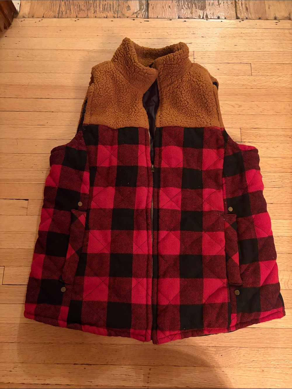Maurices Red & Black Buffalo Plaid Puffer Vest with Brown Sherpa Collar